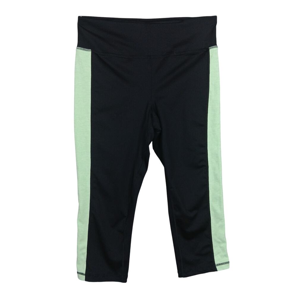 Ideology Capri Leggings Size M Black Green Neon Panels on Sides Waistband Pocket - Picture 2 of 9